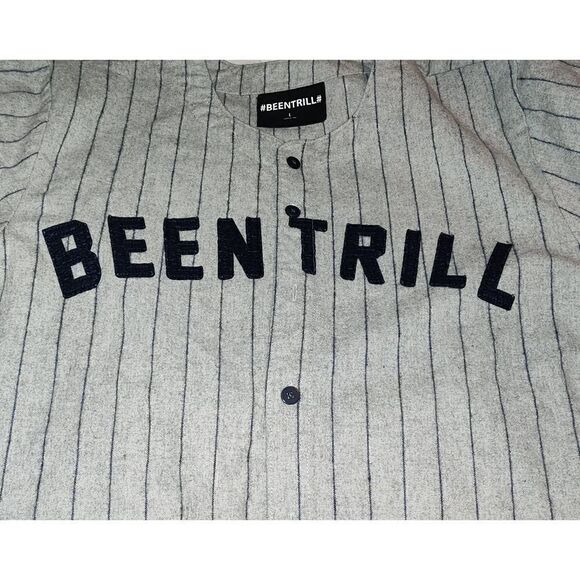 #BEENTRILL# Been Trill Baseball Jersey Shirt Size L Blue Grey wool blend Virgil - Picture 1 of 10